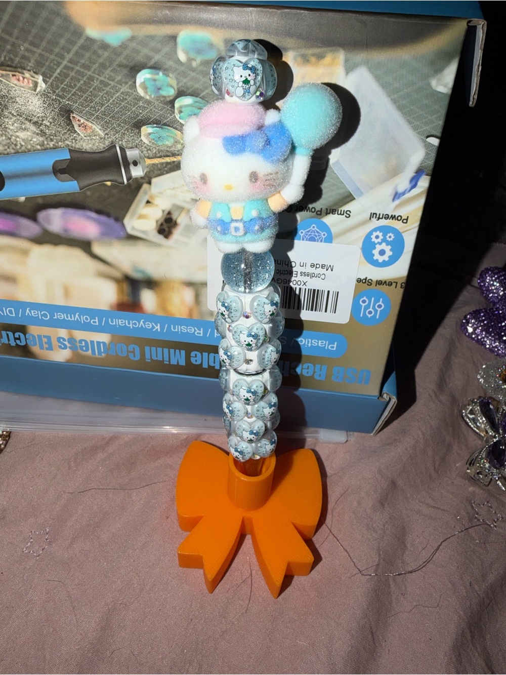 Hello kitty flocked-hand beaded pen made by Layla and I!